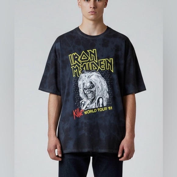 Global Other - Iron Maiden “Killer Tour ‘81” Black Oil Wash Tie-Dye Oversized Cotton T-shirt M